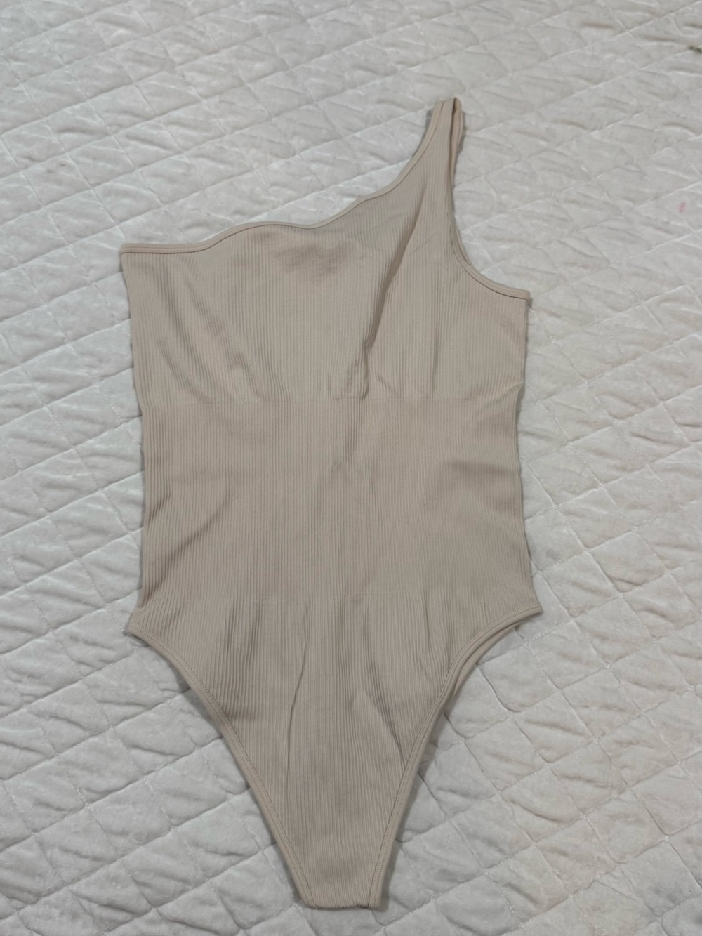 One-Shoulder Ribbed Bodysuit in Beige